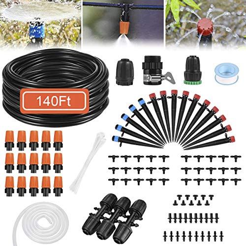 Drip Irrigation System 140 Feet Watering System with 14 Blank Distribution Tubing Universal Adapter Adjustable Nozzle Automatic Irrigation Drip Kit for GardenHouse PlantsOutdoorIndoorNo Leaking